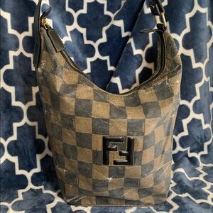 Fendi Vintage Brown Black Checker PVC Bag Leather Strap Crossbody Purse Satchel